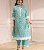 Turquoise georgette embroidery sequence work anarkali kurta pant dupatta set
