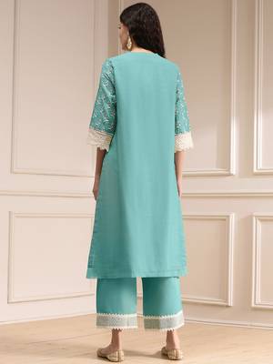 Turquoise georgette embroidery sequence work anarkali kurta pant dupatta set 2