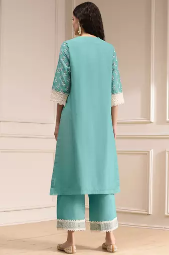 Turquoise georgette embroidery sequence work anarkali kurta pant dupatta set