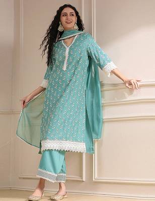 Turquoise georgette embroidery sequence work anarkali kurta pant dupatta set 3