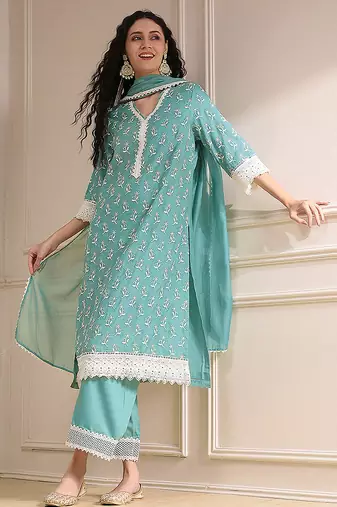 Turquoise georgette embroidery sequence work anarkali kurta pant dupatta set