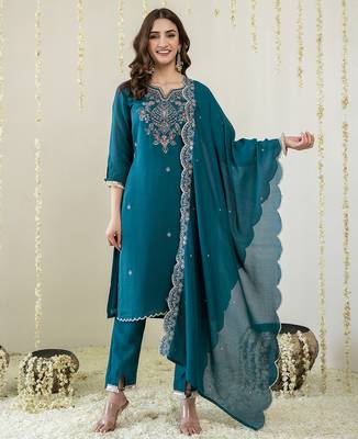 Morpeach art silk hand work embroidery sequence work kurta pant dupatta set 1