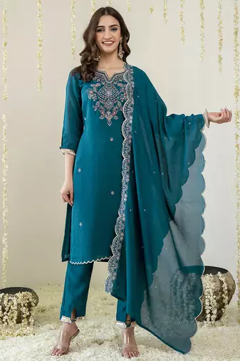 Morpeach art silk hand work embroidery sequence work kurta pant dupatta set
