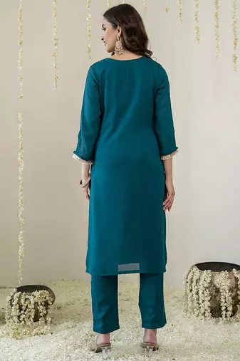 Morpeach art silk hand work embroidery sequence work kurta pant dupatta set