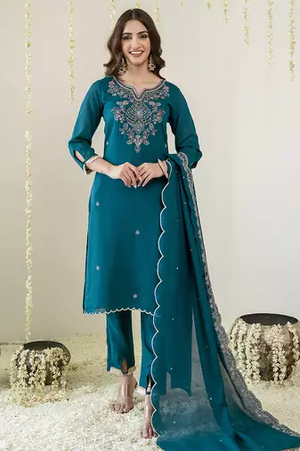 Morpeach art silk hand work embroidery sequence work kurta pant dupatta set