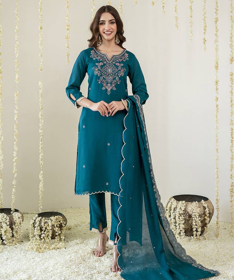 Morpeach art silk hand work embroidery sequence work kurta pant dupatta set