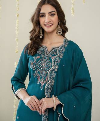 Morpeach art silk hand work embroidery sequence work kurta pant dupatta set 4