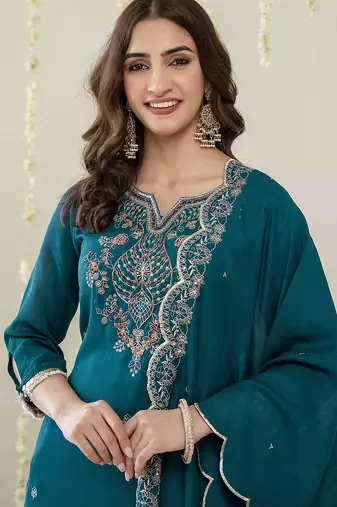 Morpeach art silk hand work embroidery sequence work kurta pant dupatta set
