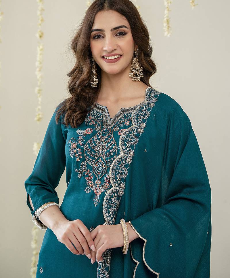 Morpeach art silk hand work embroidery sequence work kurta pant dupatta set