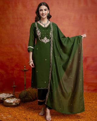 Darkgreen art silk beads embroidery with sequence work kurta pant set with dupatta 1