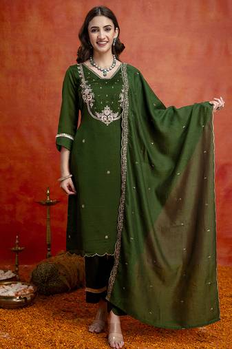 Darkgreen art silk beads embroidery with sequence work kurta pant set with dupatta