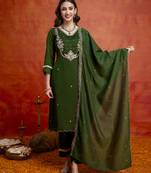 Darkgreen art silk beads embroidery with sequence work kurta pant set with dupatta