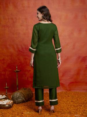 Darkgreen art silk beads embroidery with sequence work kurta pant set with dupatta 2