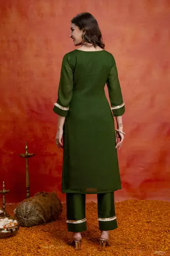 Darkgreen art silk beads embroidery with sequence work kurta pant set with dupatta