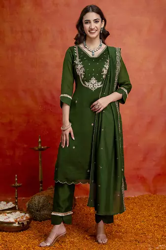 Darkgreen art silk beads embroidery with sequence work kurta pant set with dupatta