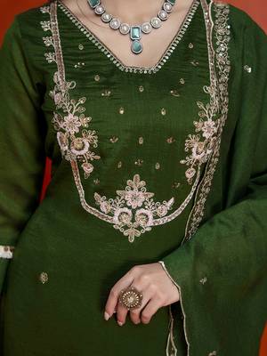 Darkgreen art silk beads embroidery with sequence work kurta pant set with dupatta 4