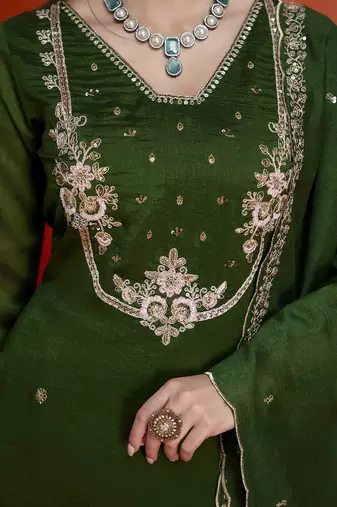 Darkgreen art silk beads embroidery with sequence work kurta pant set with dupatta