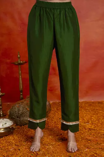 Darkgreen art silk beads embroidery with sequence work kurta pant set with dupatta
