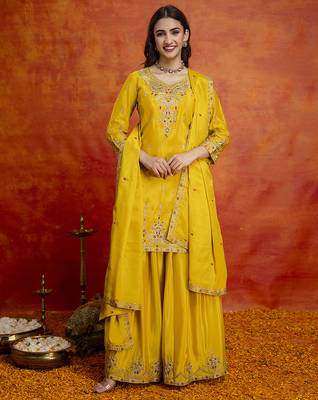 Yellow art silk embroidery sequence work kurta pant dupatta set for women 1