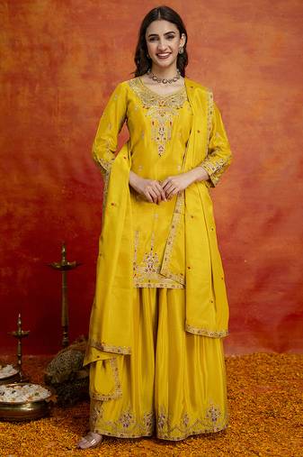 Yellow art silk embroidery sequence work kurta pant dupatta set for women