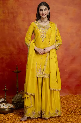 Yellow art silk embroidery sequence work kurta pant dupatta set for women