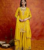 Yellow art silk embroidery sequence work kurta pant dupatta set for women