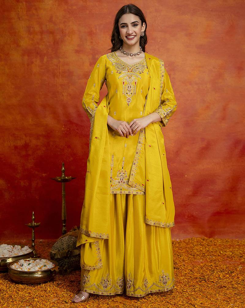 Yellow art silk embroidery sequence work kurta pant dupatta set for women
