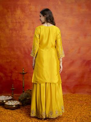 Yellow art silk embroidery sequence work kurta pant dupatta set for women 2