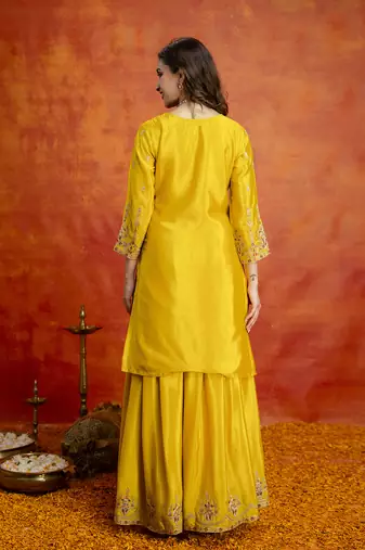 Yellow art silk embroidery sequence work kurta pant dupatta set for women
