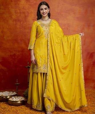 Yellow art silk embroidery sequence work kurta pant dupatta set for women 3
