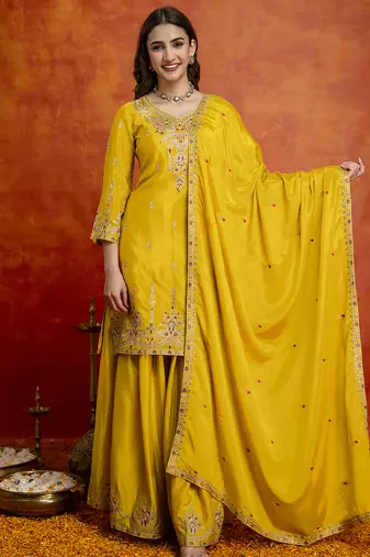 Yellow art silk embroidery sequence work kurta pant dupatta set for women