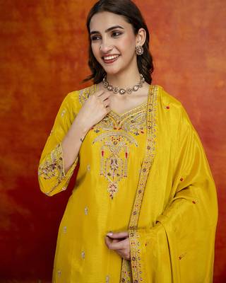 Yellow art silk embroidery sequence work kurta pant dupatta set for women 4