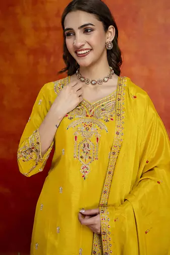 Yellow art silk embroidery sequence work kurta pant dupatta set for women