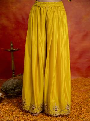 Yellow art silk embroidery sequence work kurta pant dupatta set for women 5
