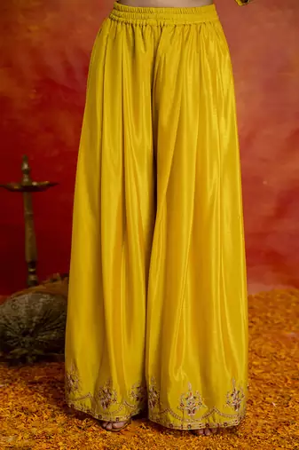 Yellow art silk embroidery sequence work kurta pant dupatta set for women