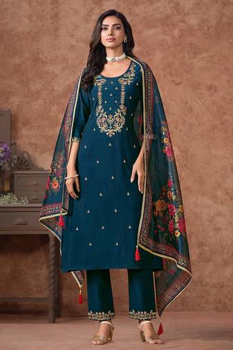 Morpeach cotton silk embroidery sequence work kurta pant dupatta set for women