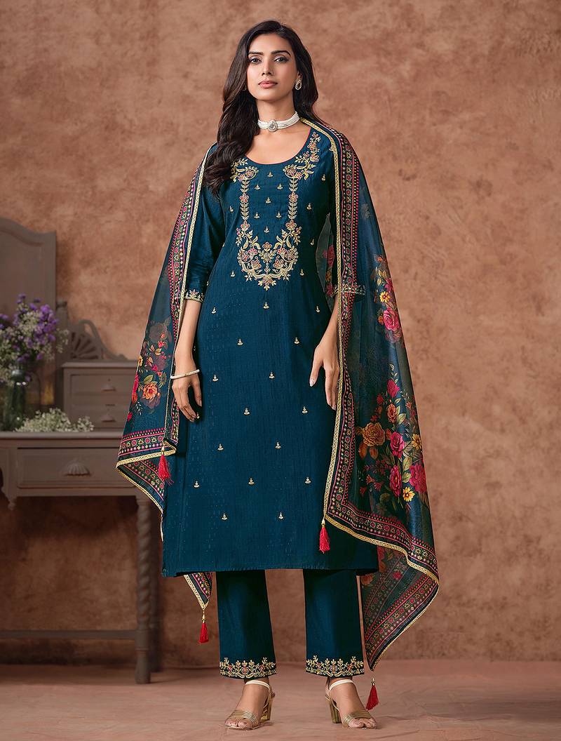 Morpeach cotton silk embroidery sequence work kurta pant dupatta set for women