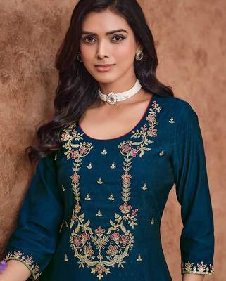 Morpeach cotton silk embroidery sequence work kurta pant dupatta set for women 2