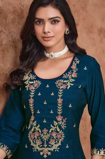 Morpeach cotton silk embroidery sequence work kurta pant dupatta set for women