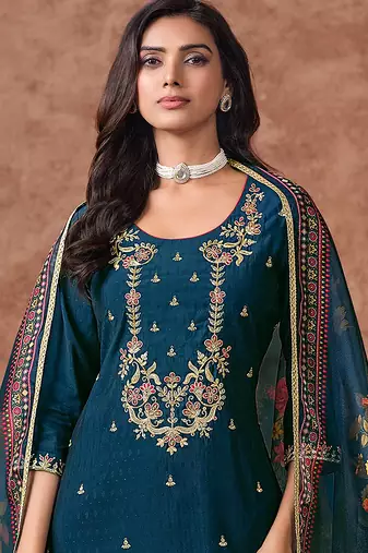 Morpeach cotton silk embroidery sequence work kurta pant dupatta set for women