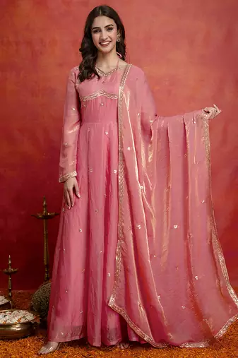 Peach satin embroidery sequence work anarkali salwar suit set with dupatta