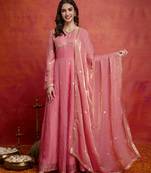 Peach satin embroidery sequence work anarkali salwar suit set with dupatta