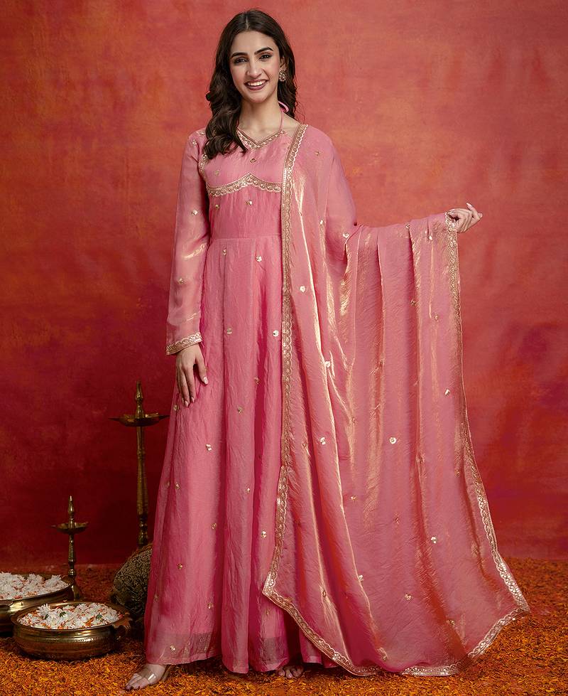 Peach satin embroidery sequence work anarkali salwar suit set with dupatta