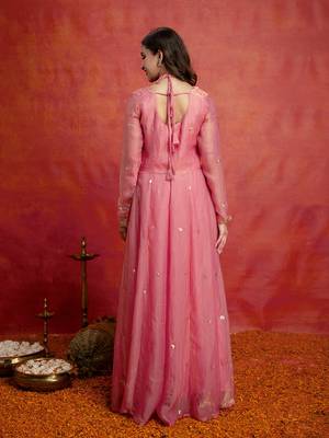 Peach satin embroidery sequence work anarkali salwar suit set with dupatta 2