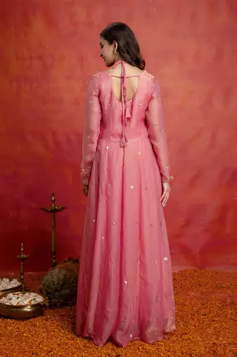 Peach satin embroidery sequence work anarkali salwar suit set with dupatta