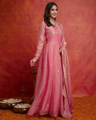 Peach satin embroidery sequence work anarkali salwar suit set with dupatta 3