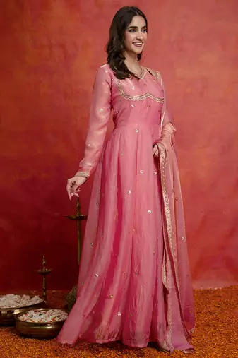 Peach satin embroidery sequence work anarkali salwar suit set with dupatta