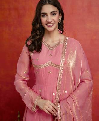 Peach satin embroidery sequence work anarkali salwar suit set with dupatta 4