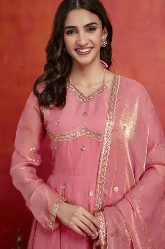 Peach satin embroidery sequence work anarkali salwar suit set with dupatta