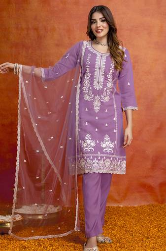 Lightpink cotton silk thread embroidery with sequence work kurta pant set with dupatta